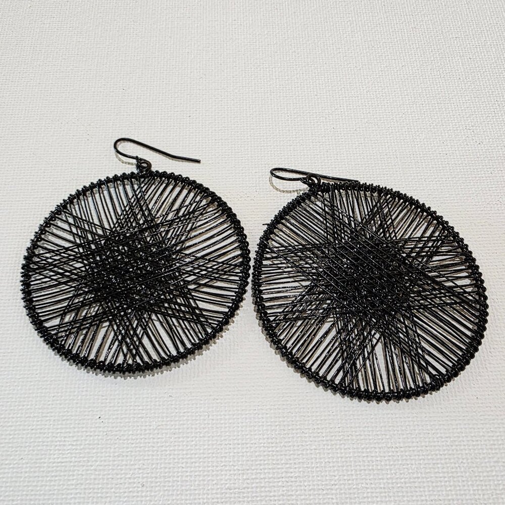 Black Round Woven Star Black Wire Dangle Hoop Pierced French Hook Earrings - Picture 3 of 9